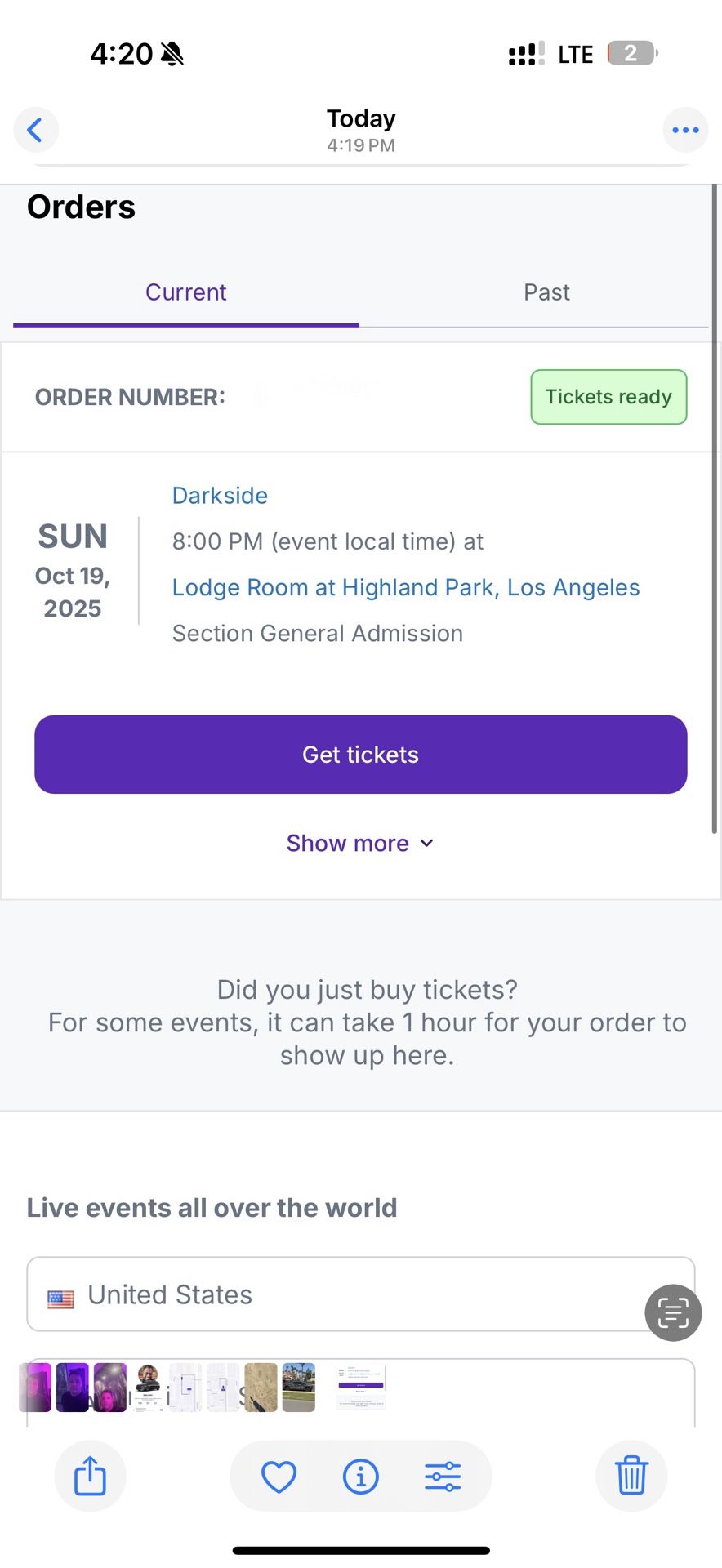 Sunday Darkside Tickets Lodge room 10/19/25