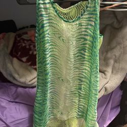 green and blue patterned sleeveless dress