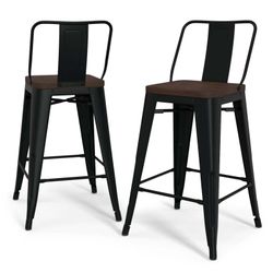 Simpli Home Rayne 24" Counter Stool Set of 2 – Wood Seat Black Metal NEW NIB