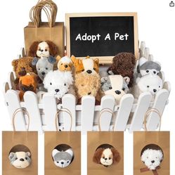 Adopt A Puppy Party Favors, Mini Stuffed Animals Adopt A Dog Set Includes 12 Stuffed Dogs 12 Kraft Paper Bags 10 White Plastic Fence Mini Chalkboard &
