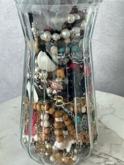 Large Mystery Jewelry Jar in Crystal Vase -guaranteed Sterling and Genuine Pearls