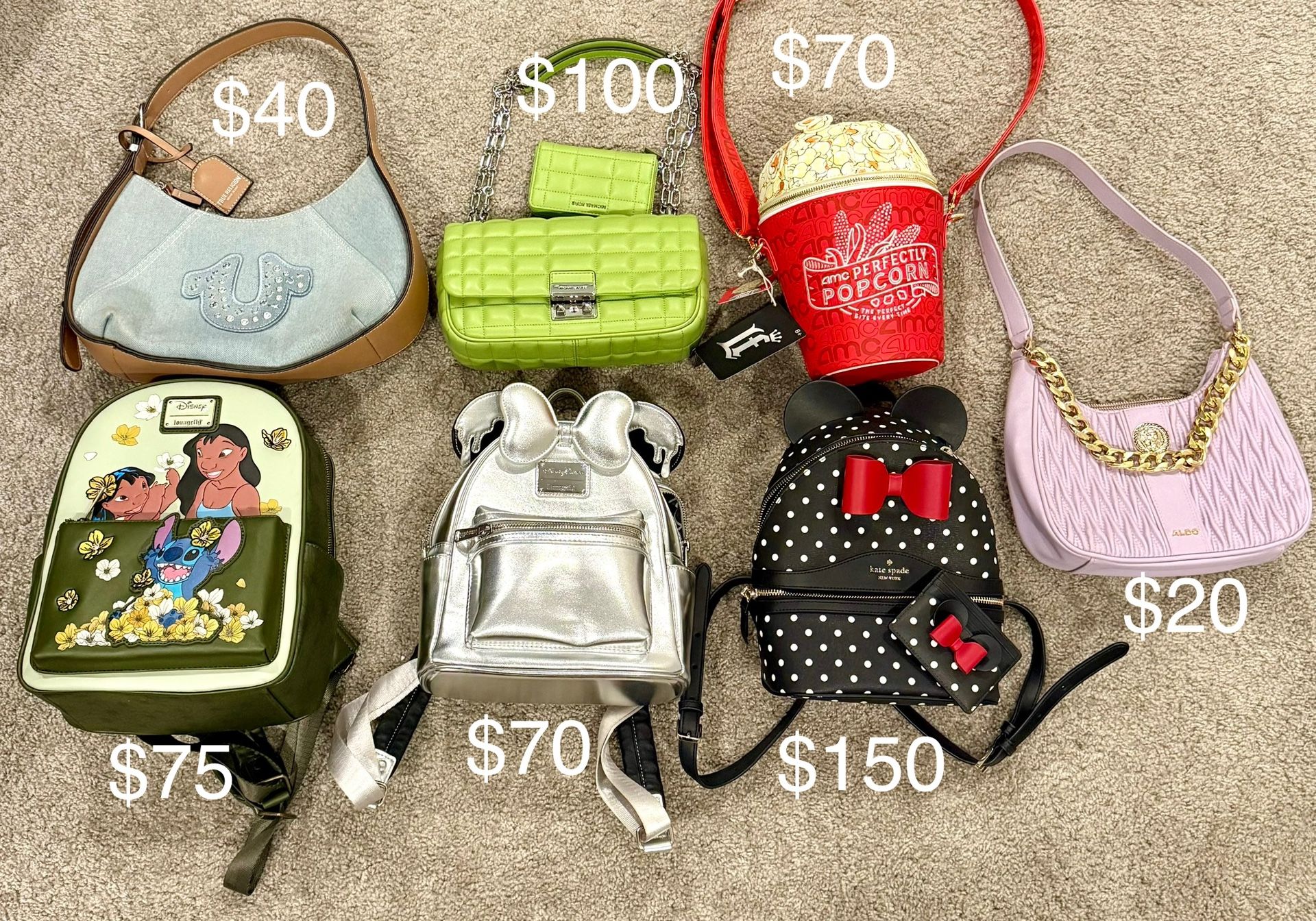 Backpack Purse Tru Religion Disney Stitch Minnie Mouse Popcorn Michael Kors Kate Spade Aldo Bag Wallet