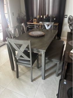 Grey Dining Table with chairs and bench