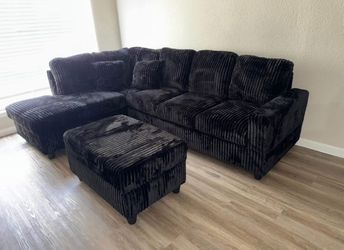 (NEW IN BOX) Black Cord Sectional With Cup Holder And Free Ottoman -FINANCE AVAILABLE