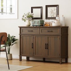 48 Inch Buffet Cabinet with Storage, Farmhouse Sideboard Buffet w/2 Drawers and 3 Doors, Wood Coffee Bar Cabinet with Adjustable Shelves, Sideboard St