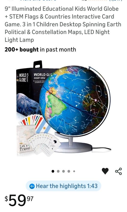 9" Illuminated Educational Kids World Globe + STEM Flags & Countries Interactive Card Game. 3 in 1 Children Desktop Spinning Earth Political & Constel
