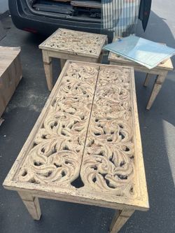 Vintage Carved Wooden Coffee Table and Matching End Tables Set with Glass Tops