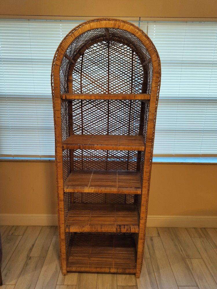 Vintage Mid Century BoHo 1960/70 Arched Wicker Rattan Bookshelf, Plant Stand, Etagere
