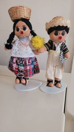 Handmade Vintage Mexican Folk Art Dolls Cloth Rag Dolls Button Eyes