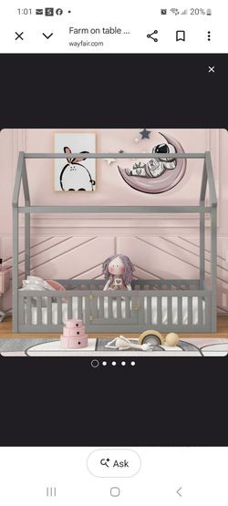 Gray Wood House Frame Kids Floor Bed with dresser