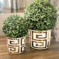 (2) Vases / Planters With Faux Boxwood