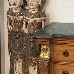 2 Hand Carved & Painted Deity Goddess Female Buddha Statues. Life Size. Beautiful Praying Asian Thai Ladies. 53” Hang Or Stand PAIR From Thailand . 