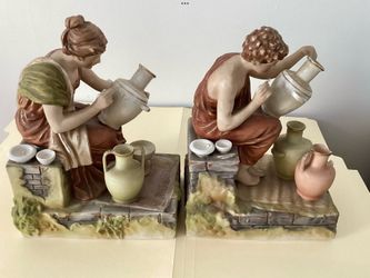 2 Vtg. Bookends / Fine Figurines 8” Tall Sylvan Company  Grecian Women Potters Bisque