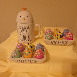 Raw Dunn Ceramic Egg Holders and Large Baby Chick Mug Easter Deco