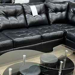 BLACK LEATHER SECTIONAL COUCH SET