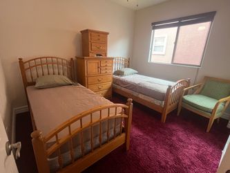 Solid Real Wood Twin Bedroom Set (2 Beds, Dresser, Nightstand & Chair)
