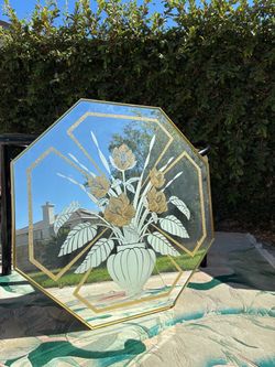 FREE Vintage postmodern 1980s windsor octagon wall mirror brass flowers vase 80s