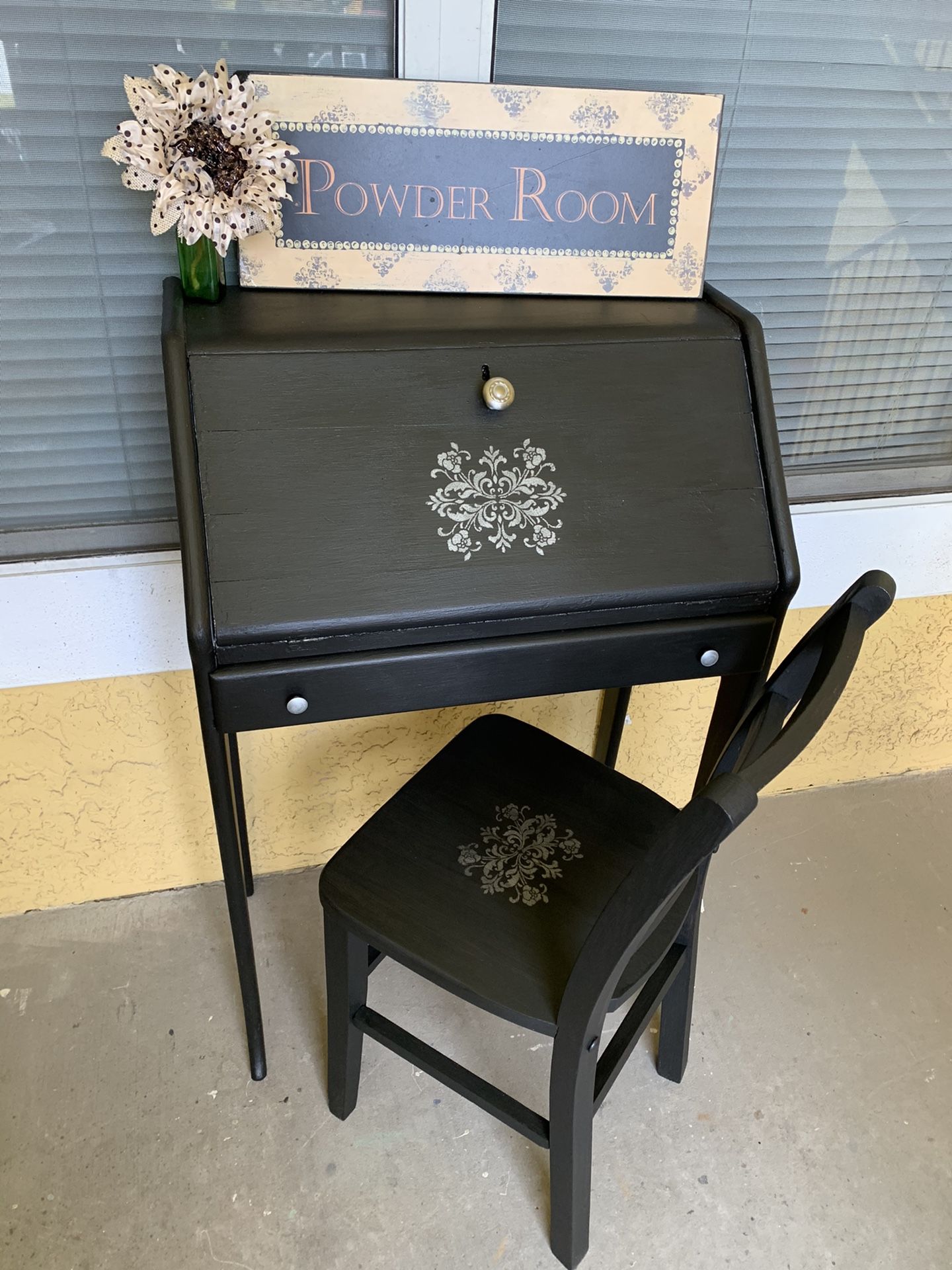 Antique Wood Desk with Old Wood Chair Could be used as a Vanity or Entry Way Accent Decor Piece