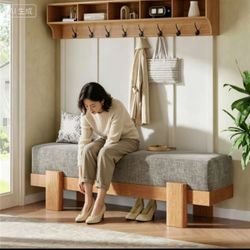 Farmhouse Gray Upholstered Entryway Bench, Solid Wood Leg Padded Shoe Bench for HallwayWooden Entryway Bench with Upholstered Cushion, Farmhouse Shoe 