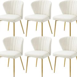 White Velvet Dining Chairs Set of 6, Modern Dining Chairs with Golden Metal Legs, Tufted Upholstered Dining Chairs for Dining Room/Kitchen/Vanity
