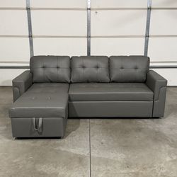 New Gray Leather Couch / Sofa Bed Sectional with Chase (Delivery Available)