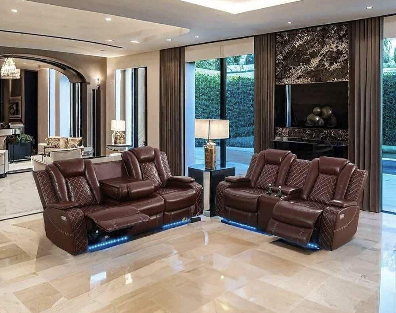 Power Electric Brown Leather Fully Reclining Couch Set