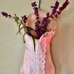 Hanging Pink Corset Organizer w Garters Hand Sewn Tap See More for All Info 