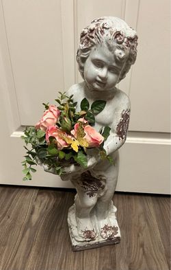Distressed Blue Cherub Garden Statue