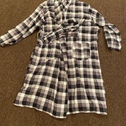 Mens One Size Fits Most Fruit of the Loom Cotton Bath Robe Plaid Black White Belt Sleepwear House Coat PJ