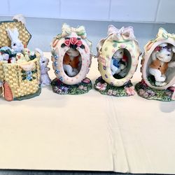 4 Vintage Easter Diorama Egg Resin Figurines Detailed Hand-Painted Metal Hinged