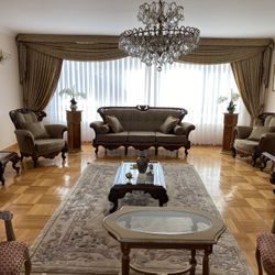 Couch, Table, Chairs, Coffee Table, Drapes, Curtains