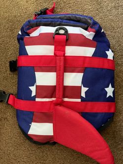 Dog Life Jacket, High Buoyancy Shark Swimsuit, Ripstop American Flag, Medium, Red & Dark Blue