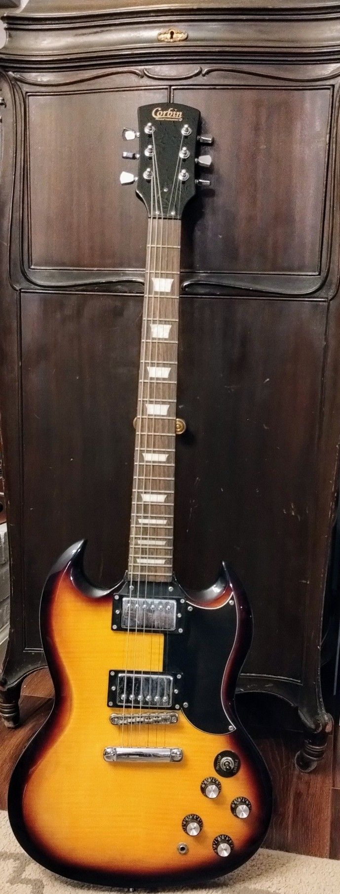 Corbin SG Solid Body Electric Guitar Flame Vintage Sunburst Finish W/ Black Soft Bag