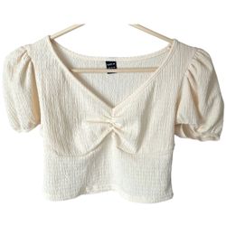 Shein Womens S Crop Top MOD Puff Sleeve Ruched Bust Ivory Textured