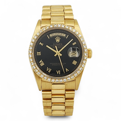 Men's Rolex 36mm Presidential Day-Date 18K Yellow Gold Watch with Black Dial and Diamond Bezel. (Pre-Owned 18038)
