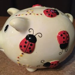 Vintage Ceramic Piggy Bank With Ladybug Design With Stopper