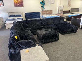 Black Corduroy Sectional Sofa with Ottoman