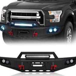 Front Bumper Compatible with 2015 2016 2017 Ford F150 (Excluding Raptor and Ecoboost) Heavy Duty Bumper with 5 x LED Lights, Winch Plate, License Plat