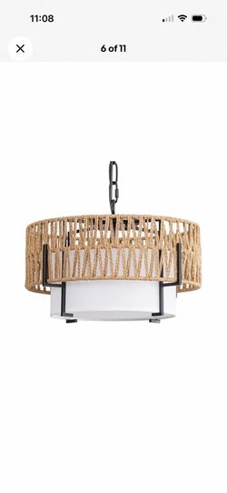 Rattan Pendant Light, 12.6" Boho Chandelier with Fabric Shade, Farmhouse