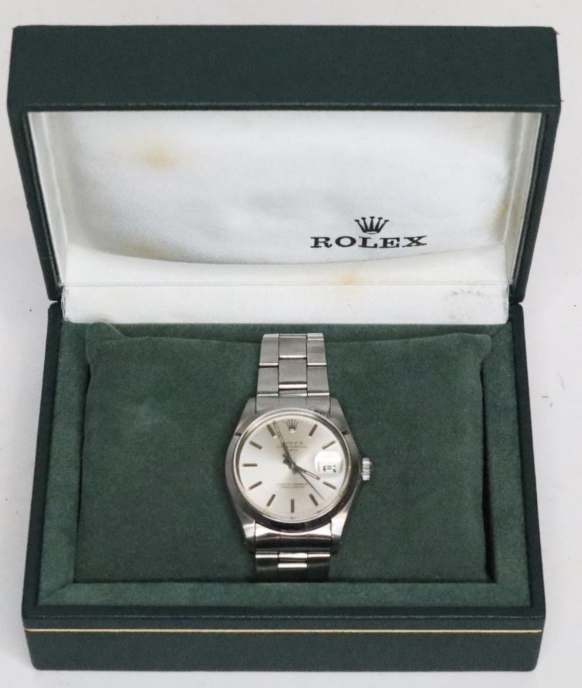 ROLEX OYSTER PERPETUAL DATE 1500 WATCH W/BOX, 34MM