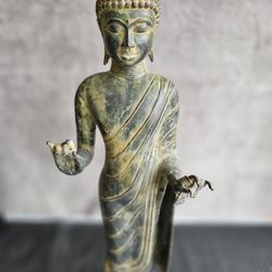 Antique Buddhism Large Standing Thai Cast Bronze Buddha Sukhothai Style 15.5”