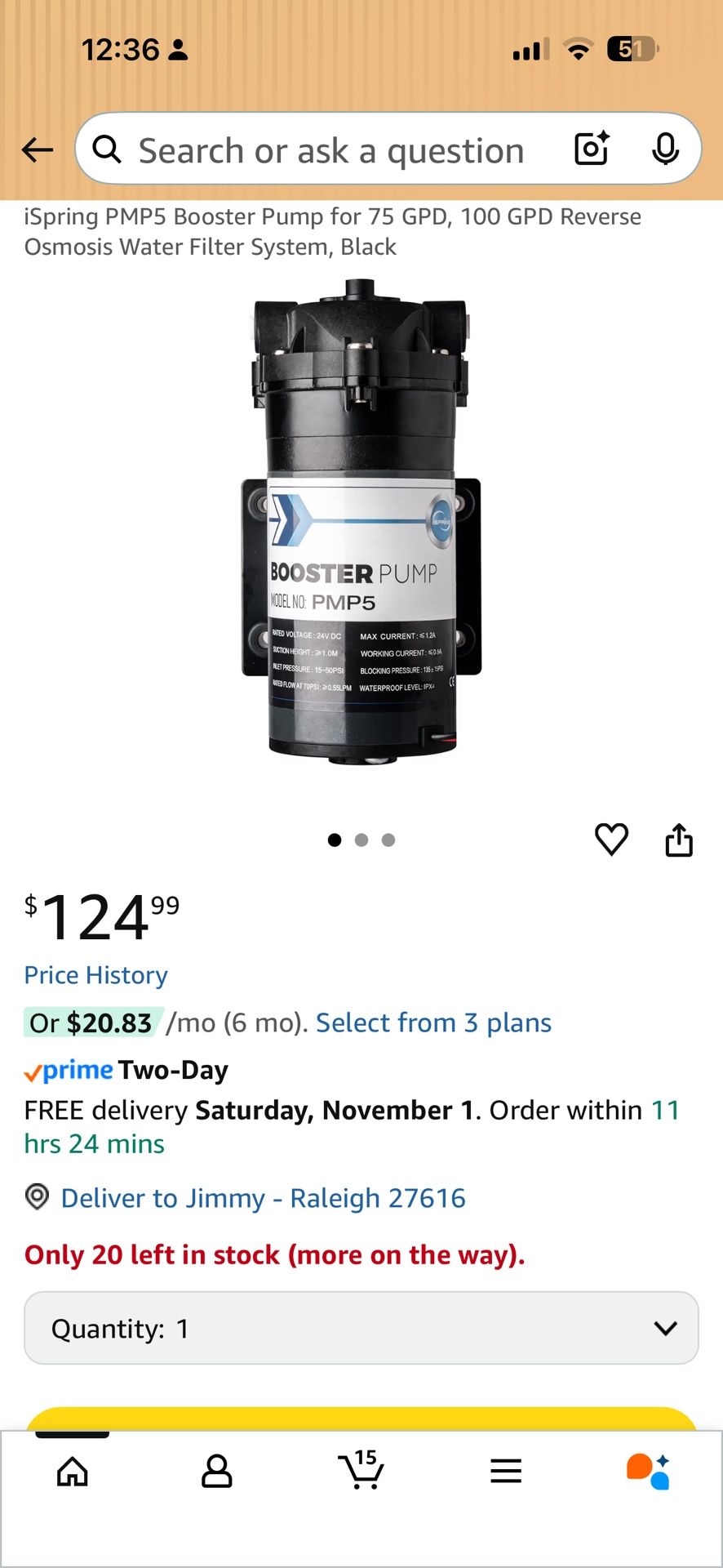 iSpring PMP5 Booster Pump for 75 GPD, 100 GPD Reverse Osmosis Water Filter System, Black