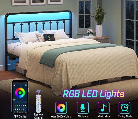 LED KING-SIZE Platform Bed Frame, 14 Inch Metal Platform with Headboard, Charging Station