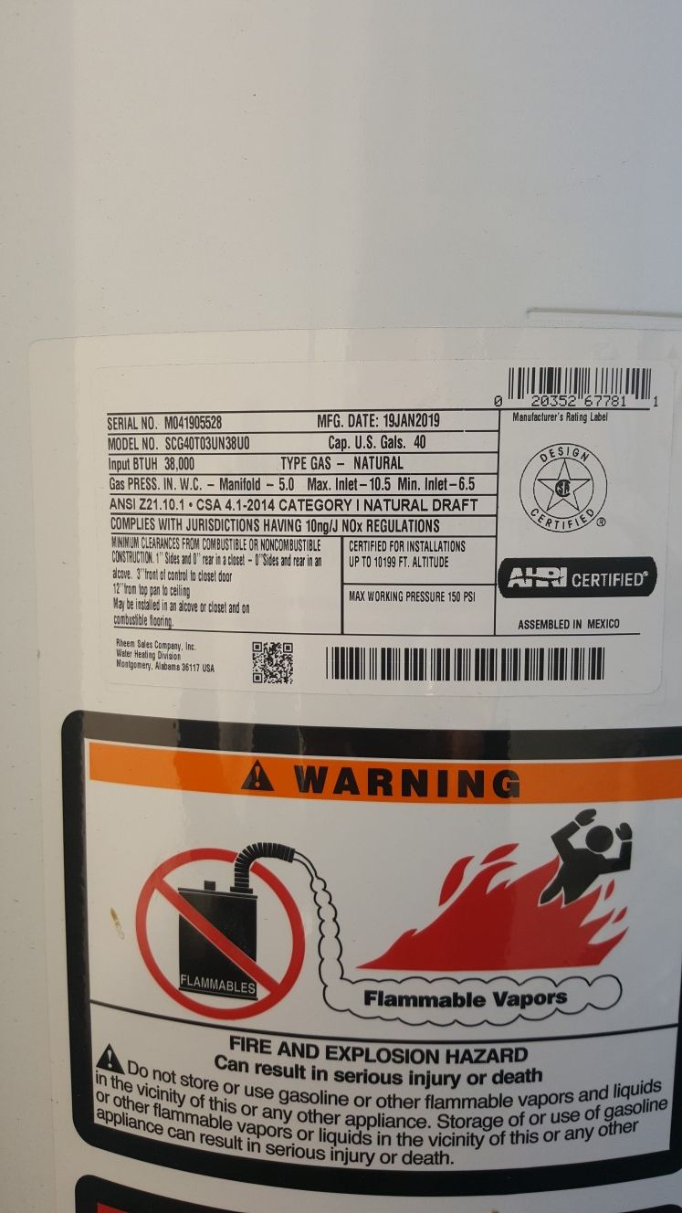 New 40 Gallon Water Heater!