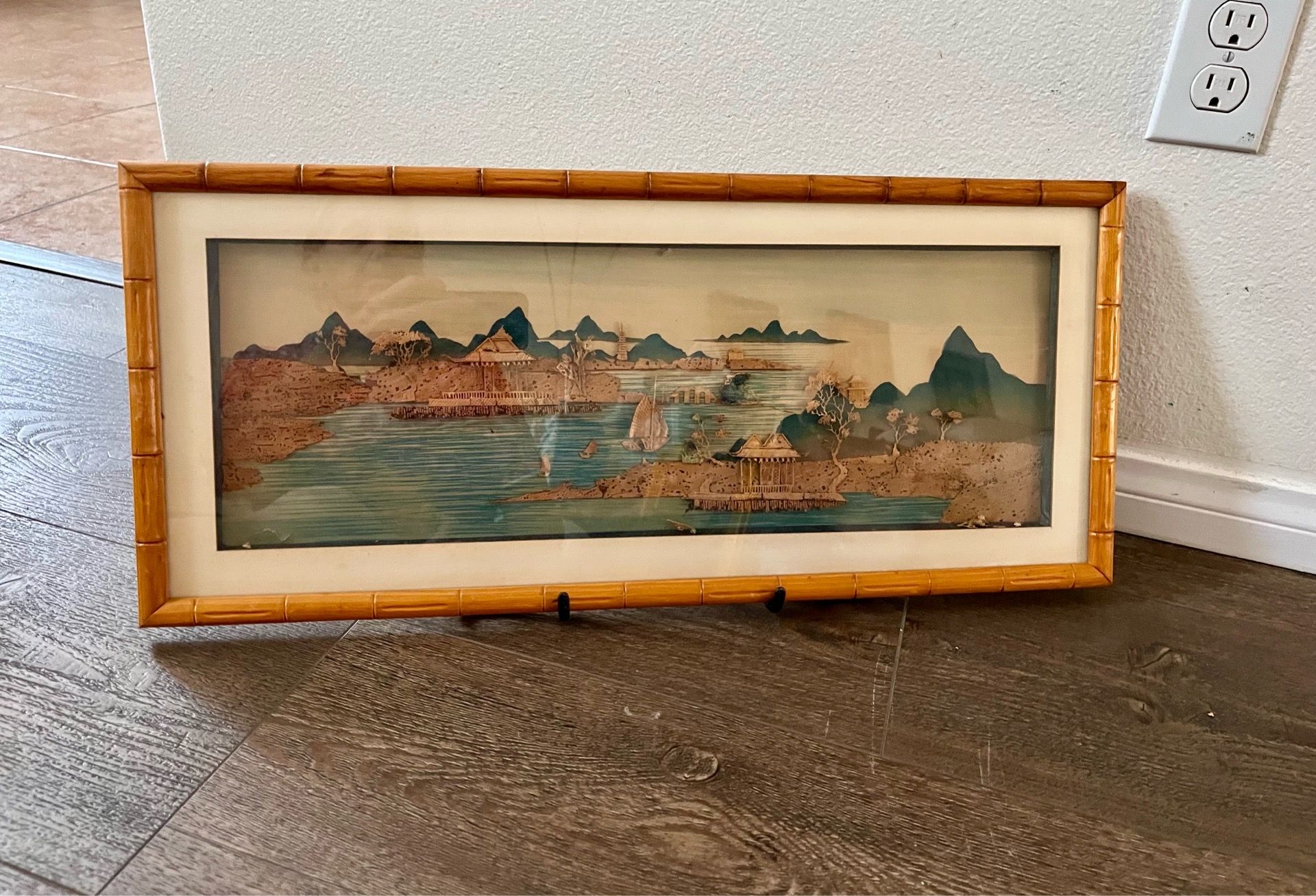 Chinese Vintage cork art Diorama Landscape In Bamboo Frame 11/25 Inch