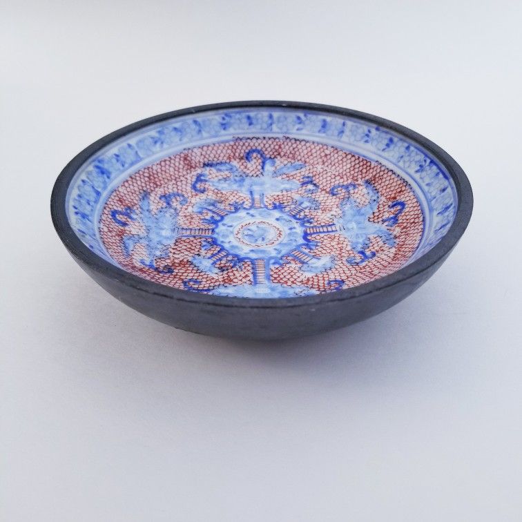 Vintage HandPainted Japanese Porcelain & Pewter Cased Advertising China Red White & Blue