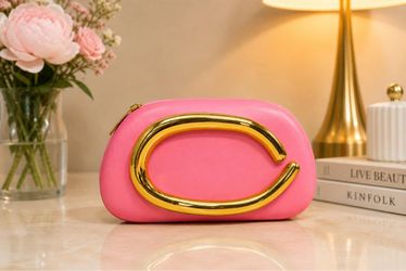 Pink Leather Clutch Bag with Gold C Handle