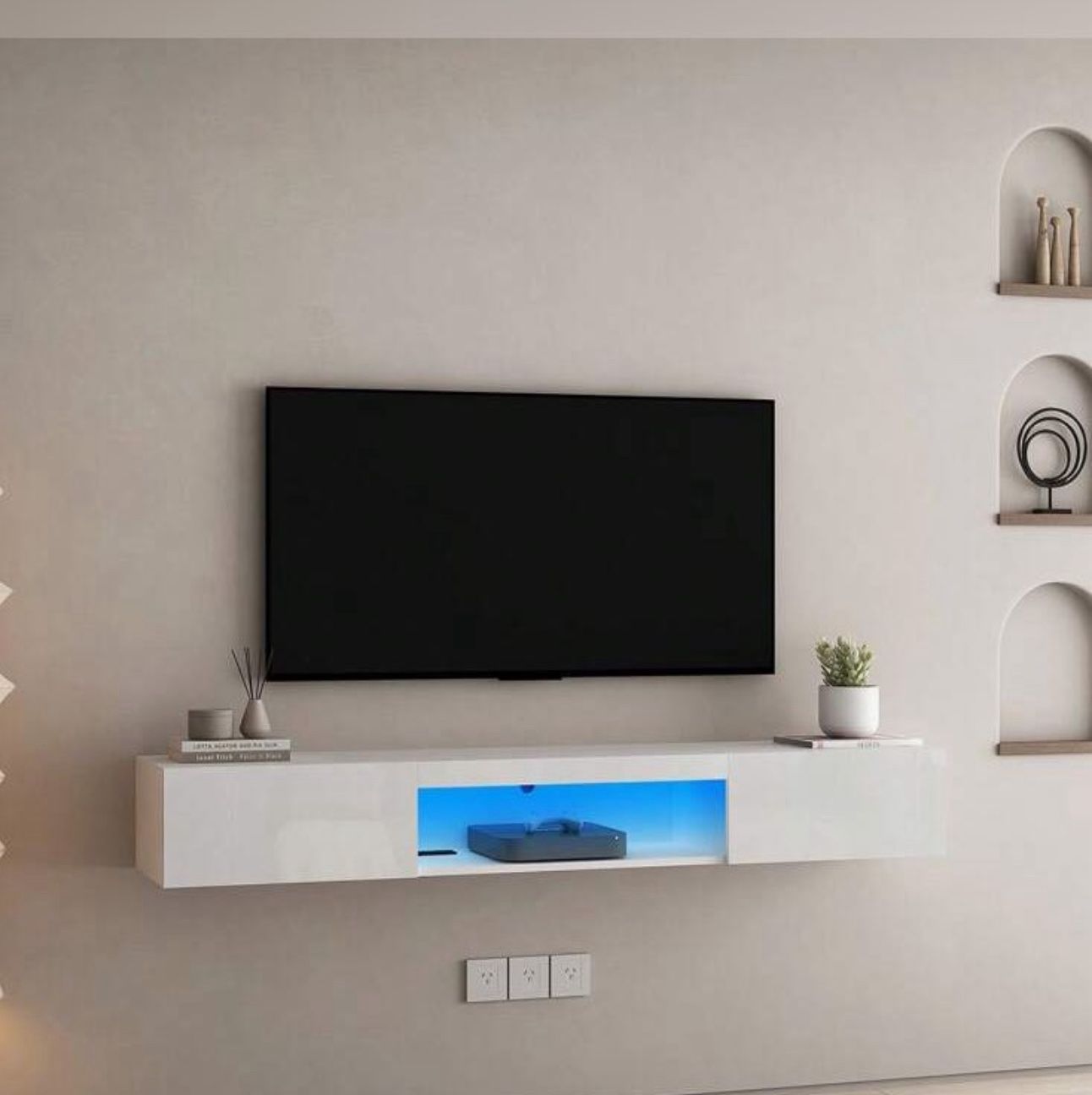 63" Floating TV Stand Wall Mounted With 16-Color LED Lights, Modern TV Cabinet For 55-65 Inch TVs, White Entertainment Center With Storage Shelf, Max