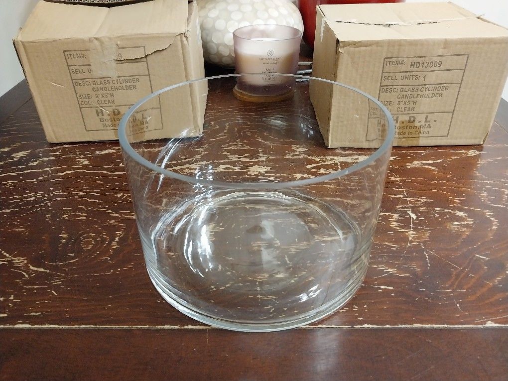 New In The Box Glass Cylinder Candle Holder 8 Inch By 5 In Height Clear From HDL Company Boston Mass