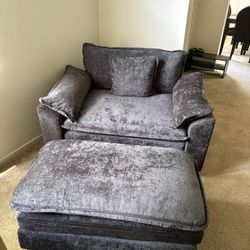 NEW Grid 47" Oversized Chenille Cloud Accent Chair with Ottoman - Deep Seat- Charcoal grey/black